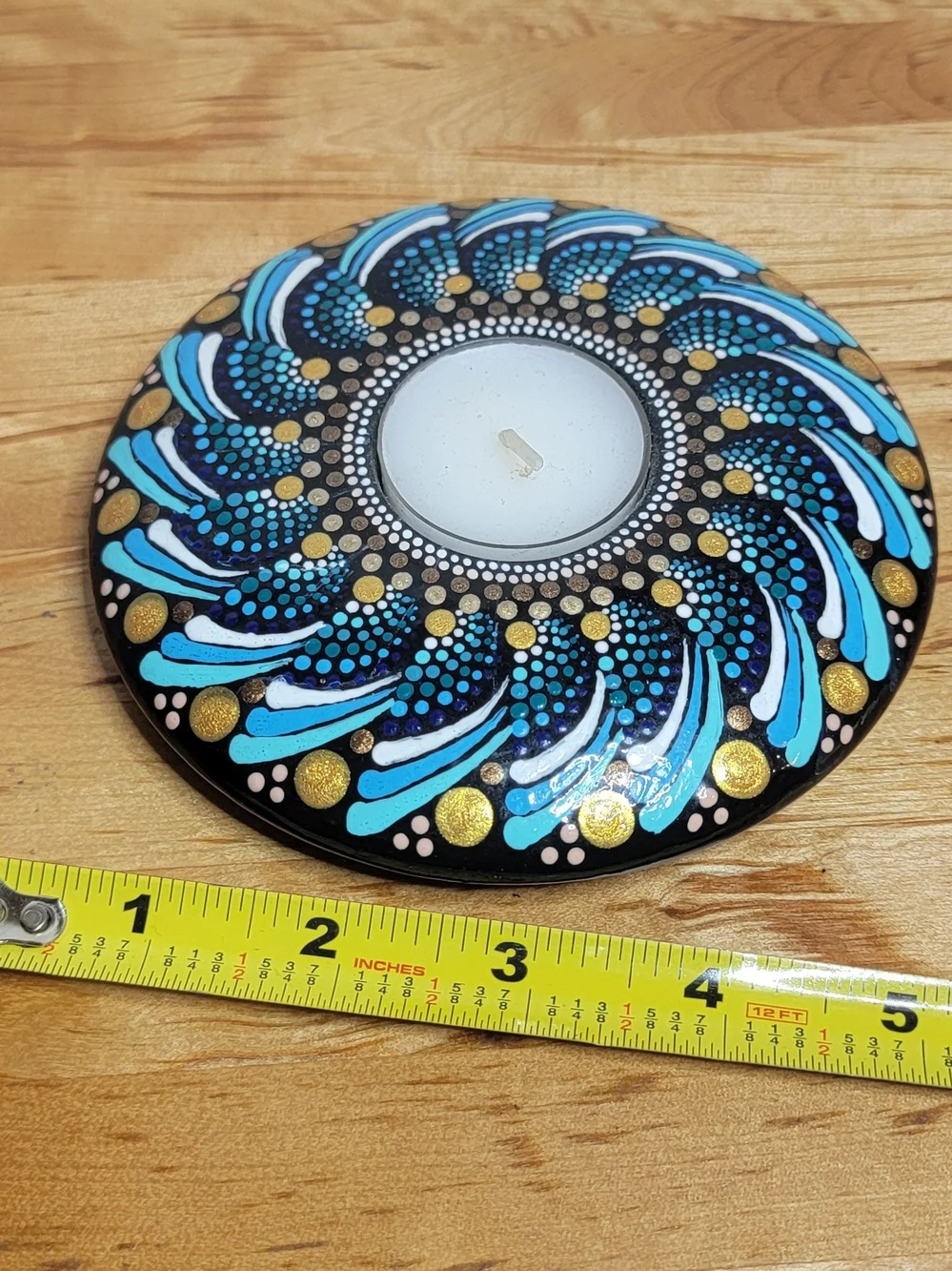 Source Unknown Black Teal White and Gold Dot Mandala Tea Light Holder